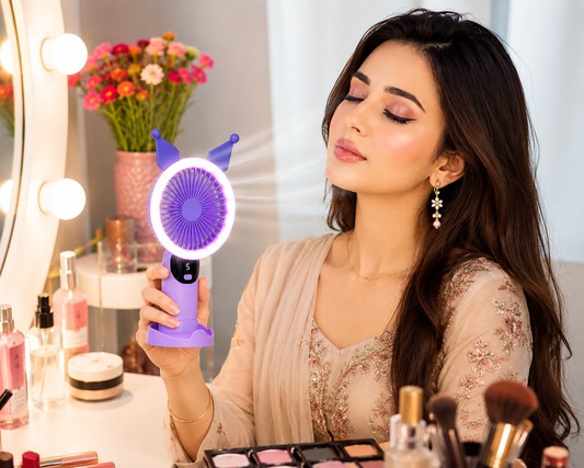 Cute LED Rechargeable Makeup Fan – Portable USB Handheld & Desktop Cooling Fan with Soft Light for traveling, school, office