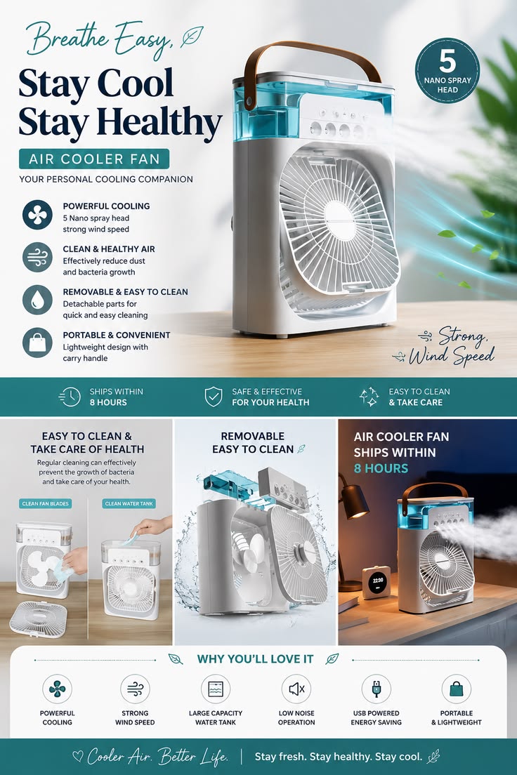 3-in-1 Portable Humidifier Cooling Fan – Personal USB Air Cooler with Water Mist, 7-Color LED Night Light, Mini Desktop Air Conditioner for Home & Office