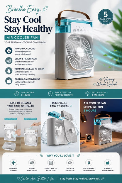 3-in-1 Portable Humidifier Cooling Fan – Personal USB Air Cooler with Water Mist, 7-Color LED Night Light, Mini Desktop Air Conditioner for Home & Office
