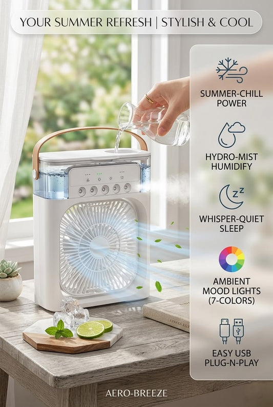 3-in-1 Portable Humidifier Cooling Fan – Personal USB Air Cooler with Water Mist, 7-Color LED Night Light, Mini Desktop Air Conditioner for Home & Office