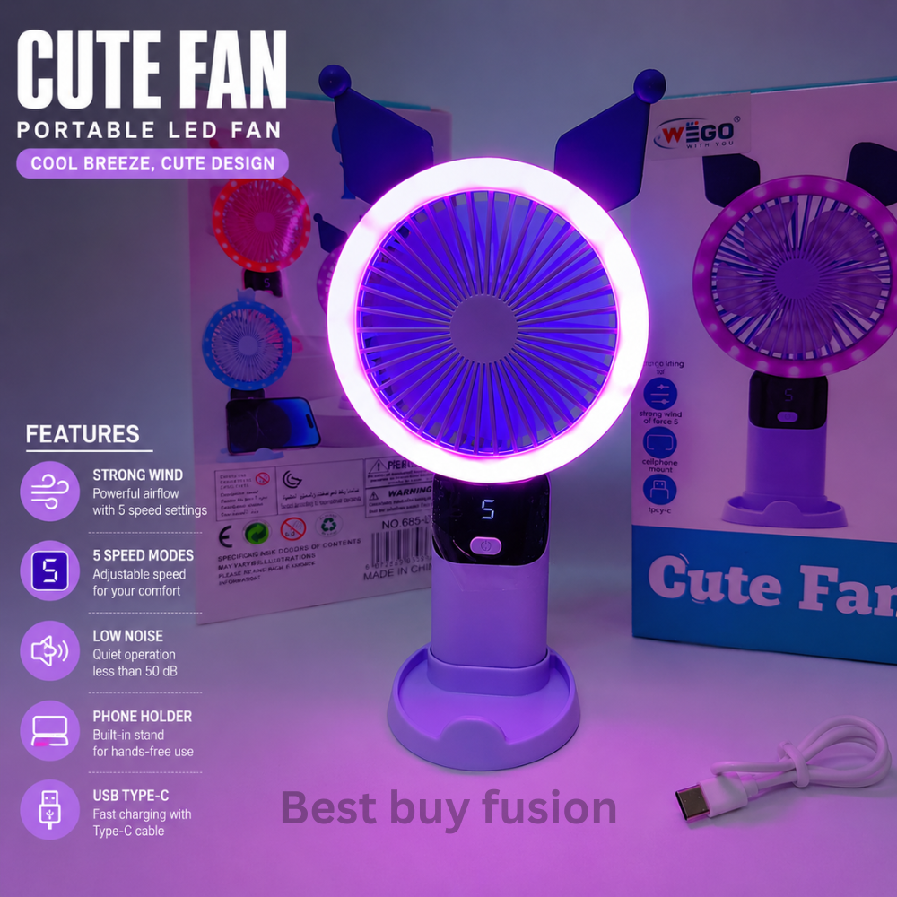 Cute LED Rechargeable Makeup Fan – Portable USB Handheld & Desktop Cooling Fan with Soft Light for traveling, school, office