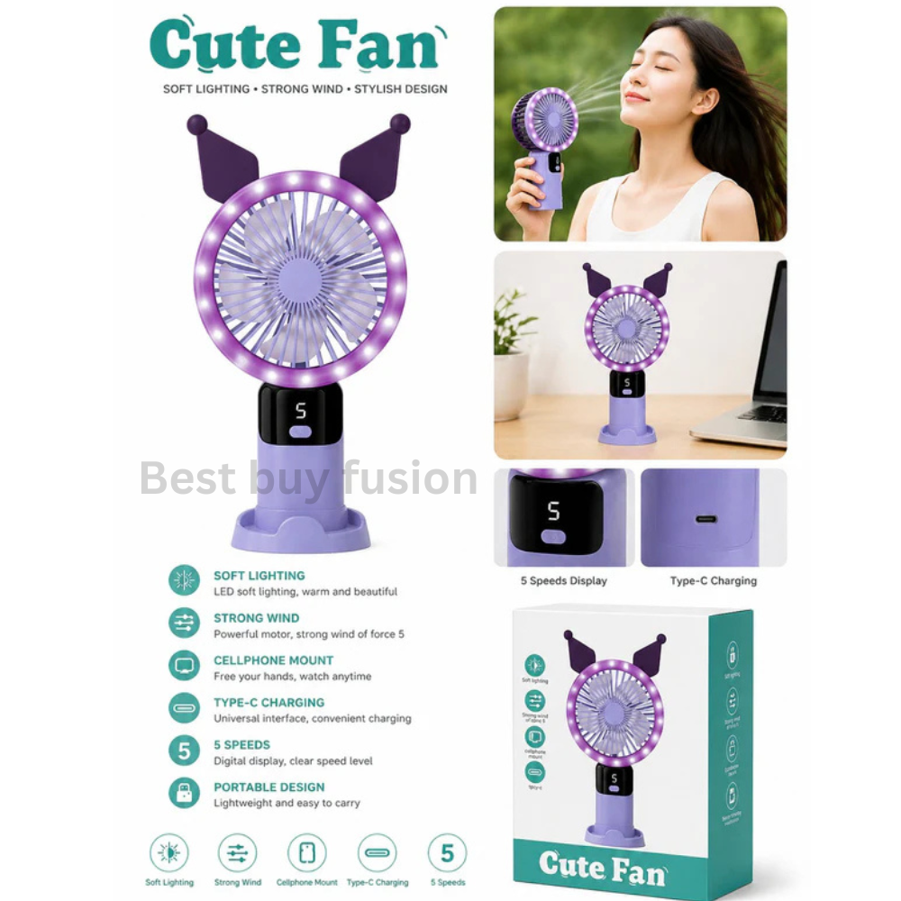 Cute LED Rechargeable Makeup Fan – Portable USB Handheld & Desktop Cooling Fan with Soft Light for traveling, school, office