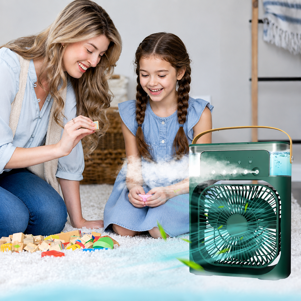 3-in-1 Portable Humidifier Cooling Fan – Personal USB Air Cooler with Water Mist, 7-Color LED Night Light, Mini Desktop Air Conditioner for Home & Office