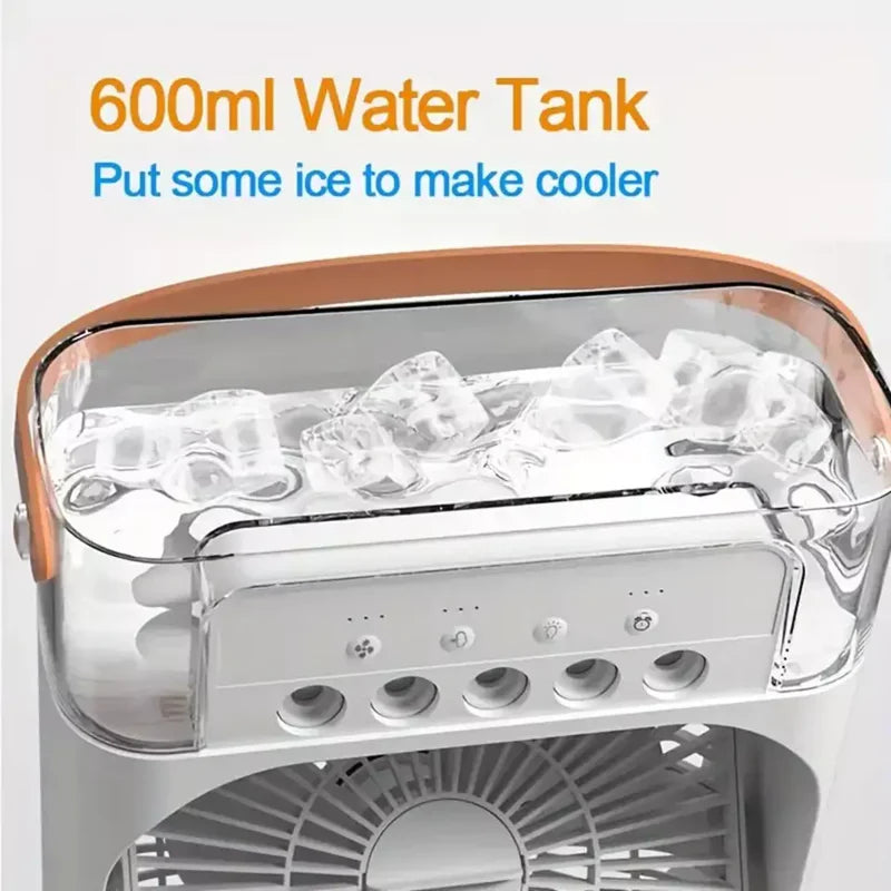 3-in-1 Portable Humidifier Cooling Fan – Personal USB Air Cooler with Water Mist, 7-Color LED Night Light, Mini Desktop Air Conditioner for Home & Office