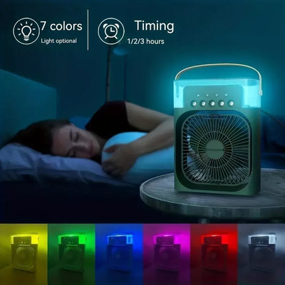 3-in-1 Portable Humidifier Cooling Fan – Personal USB Air Cooler with Water Mist, 7-Color LED Night Light, Mini Desktop Air Conditioner for Home & Office